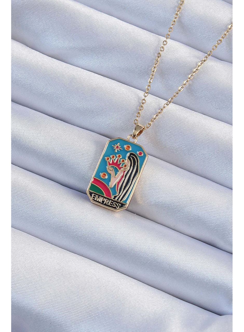 316L Çelik Zincir Altın Renk Taç ve Kız Figürlü Renkli Mineli Tarot Kolye