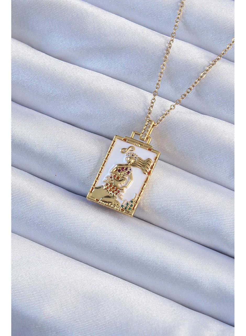 316L Çelik Zincir Altın Renk Beyaz Mineli Tarot Kolye