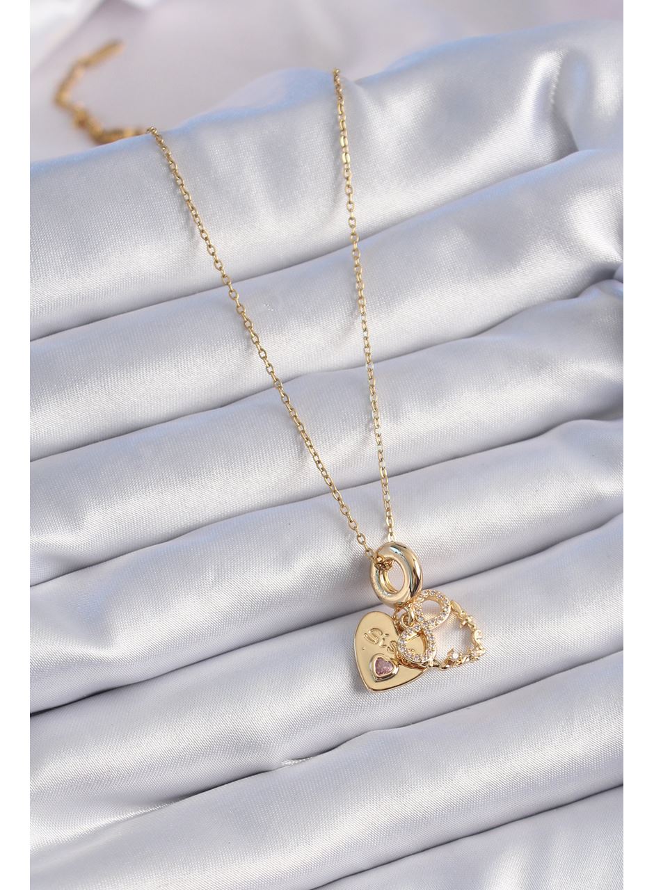 316L Çelik Gold Renk Zirkon Taşlı Sonsuzluk Kalp Figür Charm Model Kadın Kolye