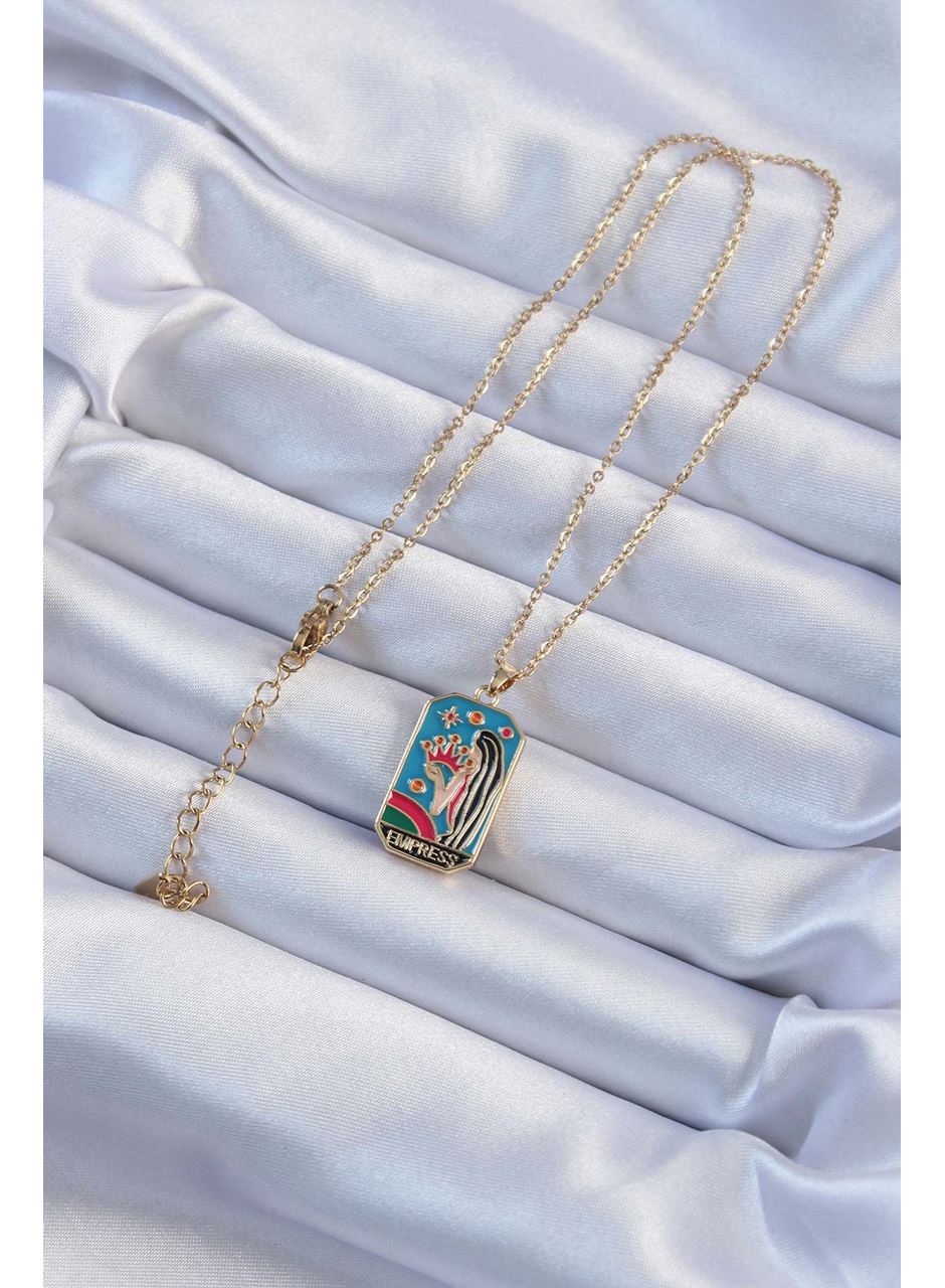 316L Çelik Zincir Altın Renk Taç ve Kız Figürlü Renkli Mineli Tarot Kolye