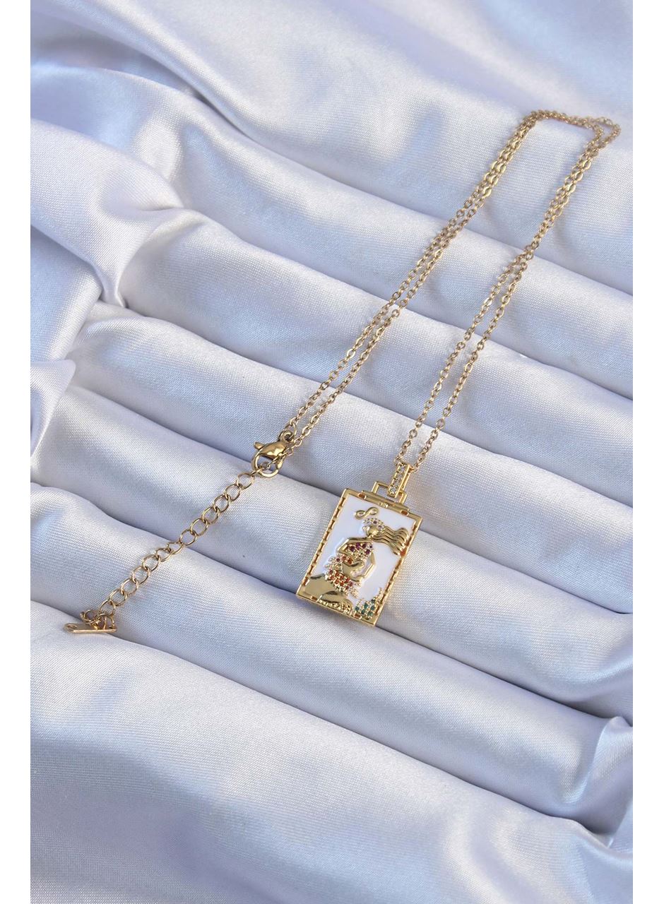 316L Çelik Zincir Altın Renk Beyaz Mineli Tarot Kolye