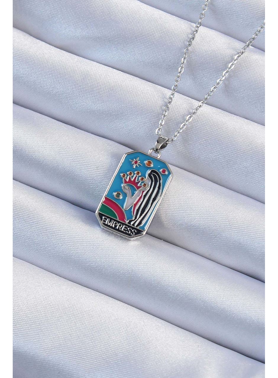 316L Çelik Zincir Gümüş Renk Taç ve Kız Figürlü Renkli Mineli Tarot Kolye