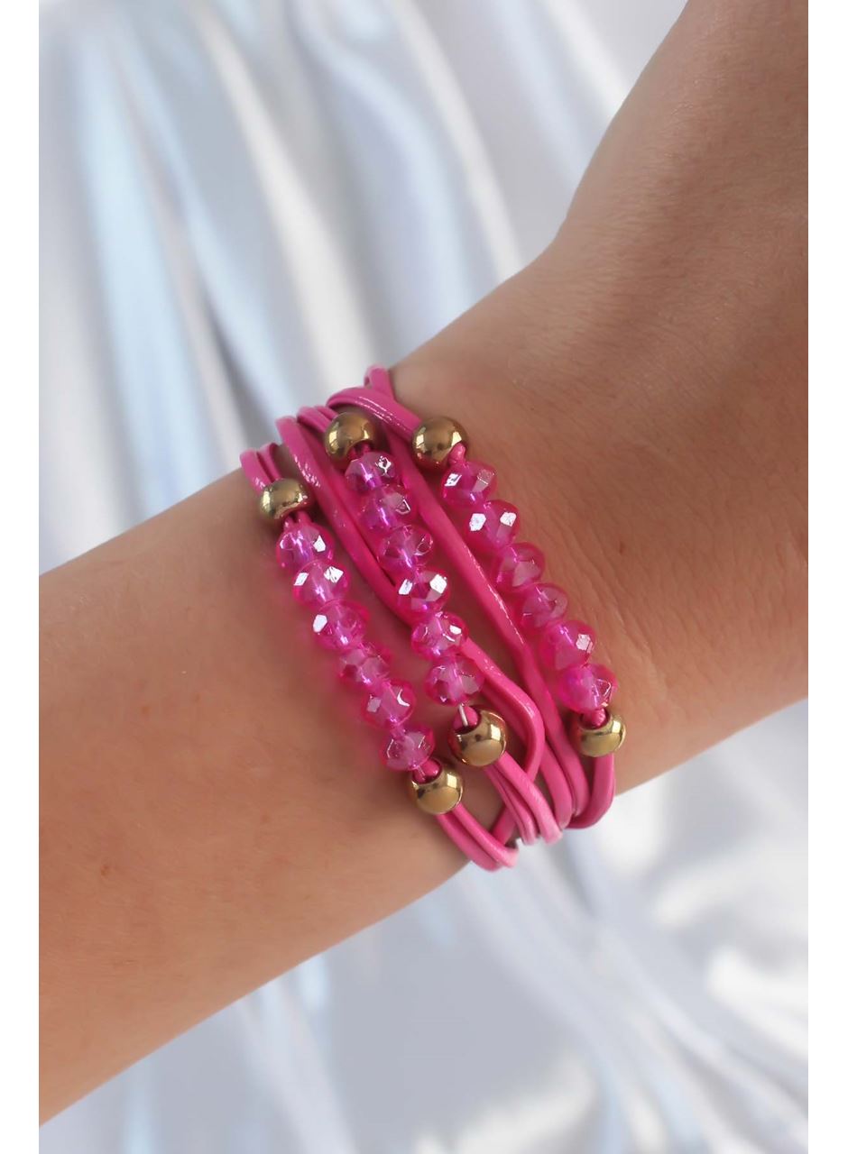 Pembe Renk Zirkon Taşlı İpli Çoklu Bileklik