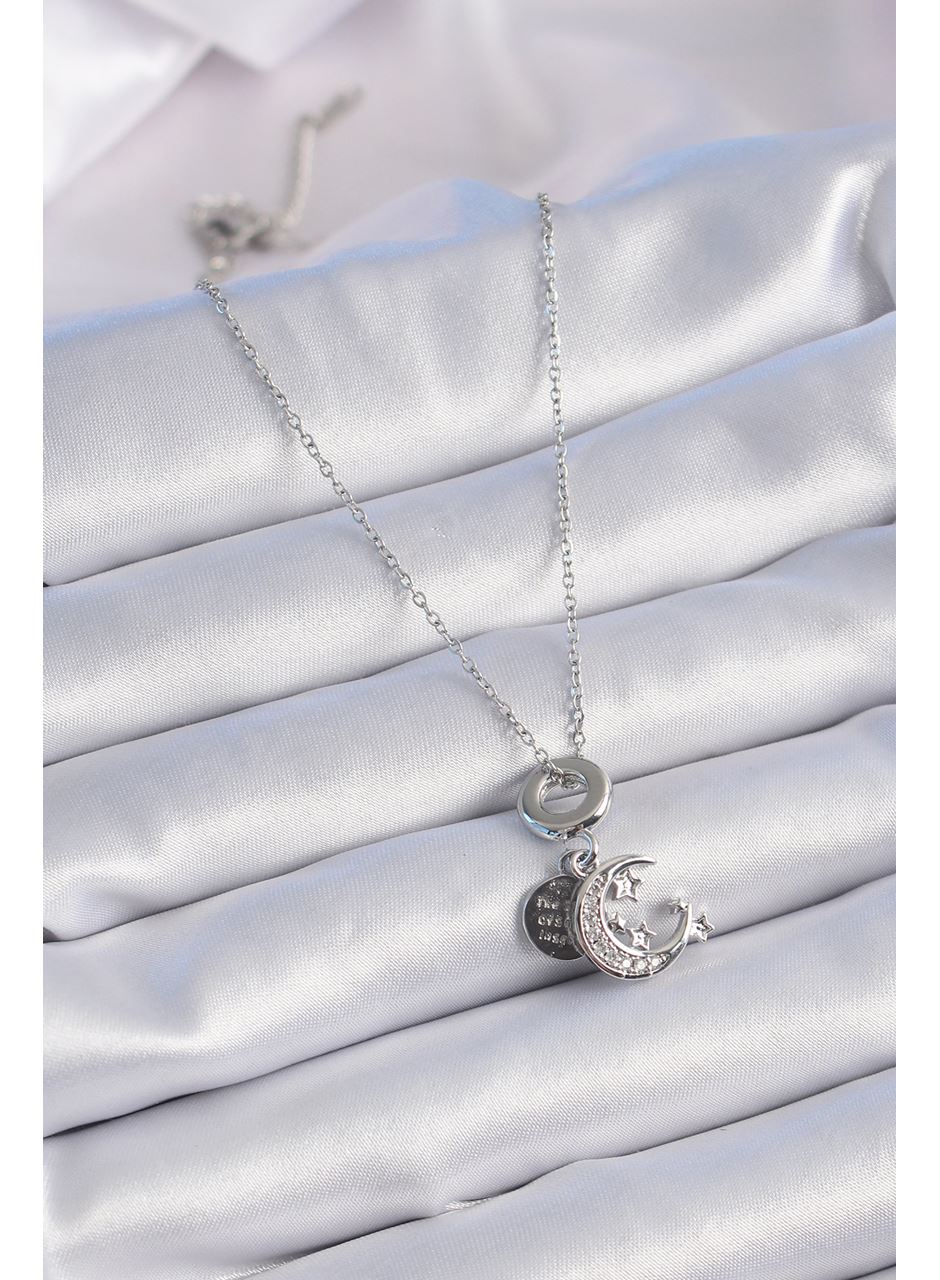 316L Çelik Gümüş Renk Zirkon Taşlı Ay Yıldız  Figür Charm Model Kadın Kolye