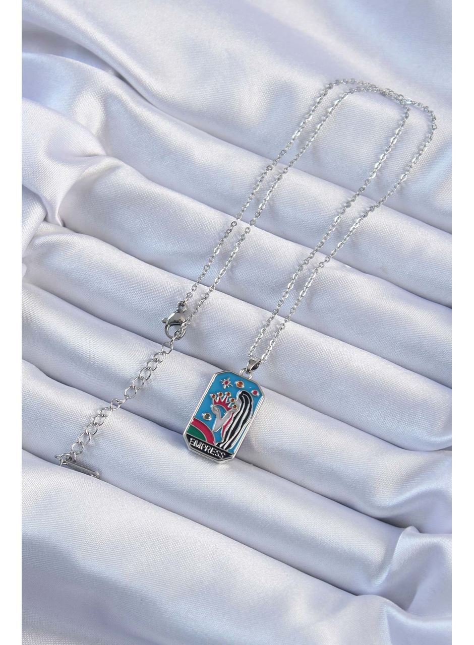 316L Çelik Zincir Gümüş Renk Taç ve Kız Figürlü Renkli Mineli Tarot Kolye