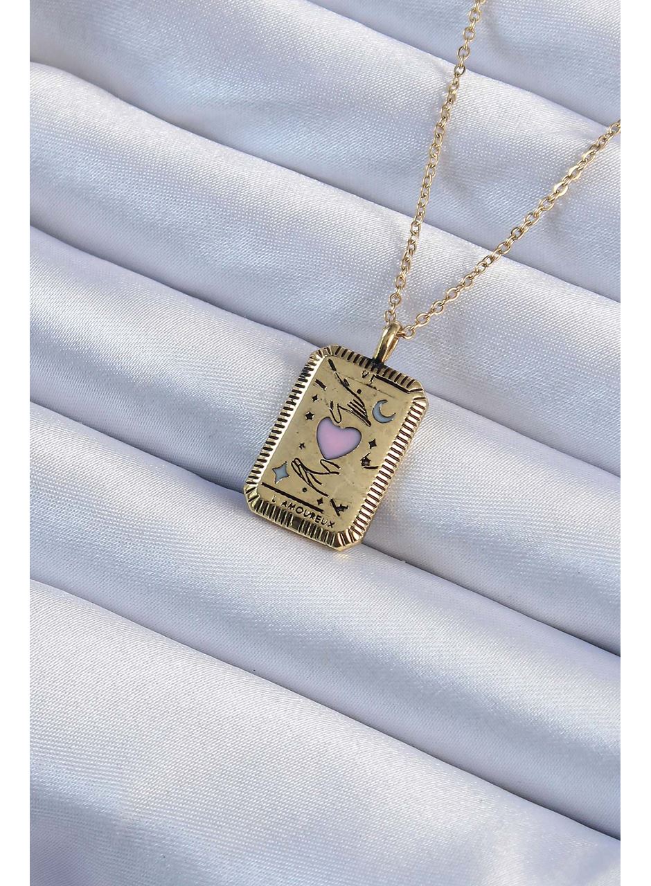 316L Çelik Zincir Eskitme Altın Renk Pembe Mineli Kalp Figürlü Tarot Kolye