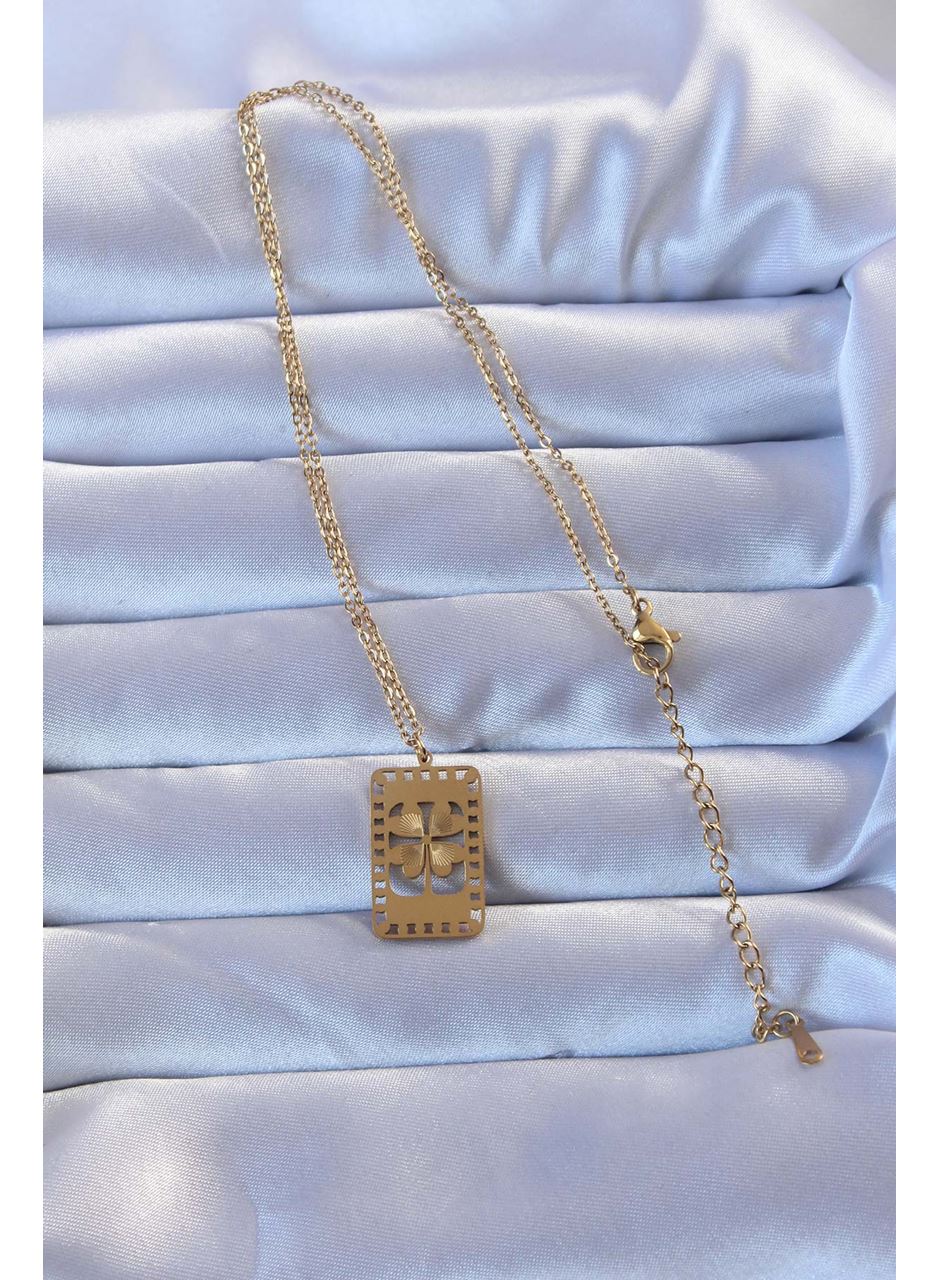 316L Altın Renk İşlemeli Yonca Model Vintage Kolye