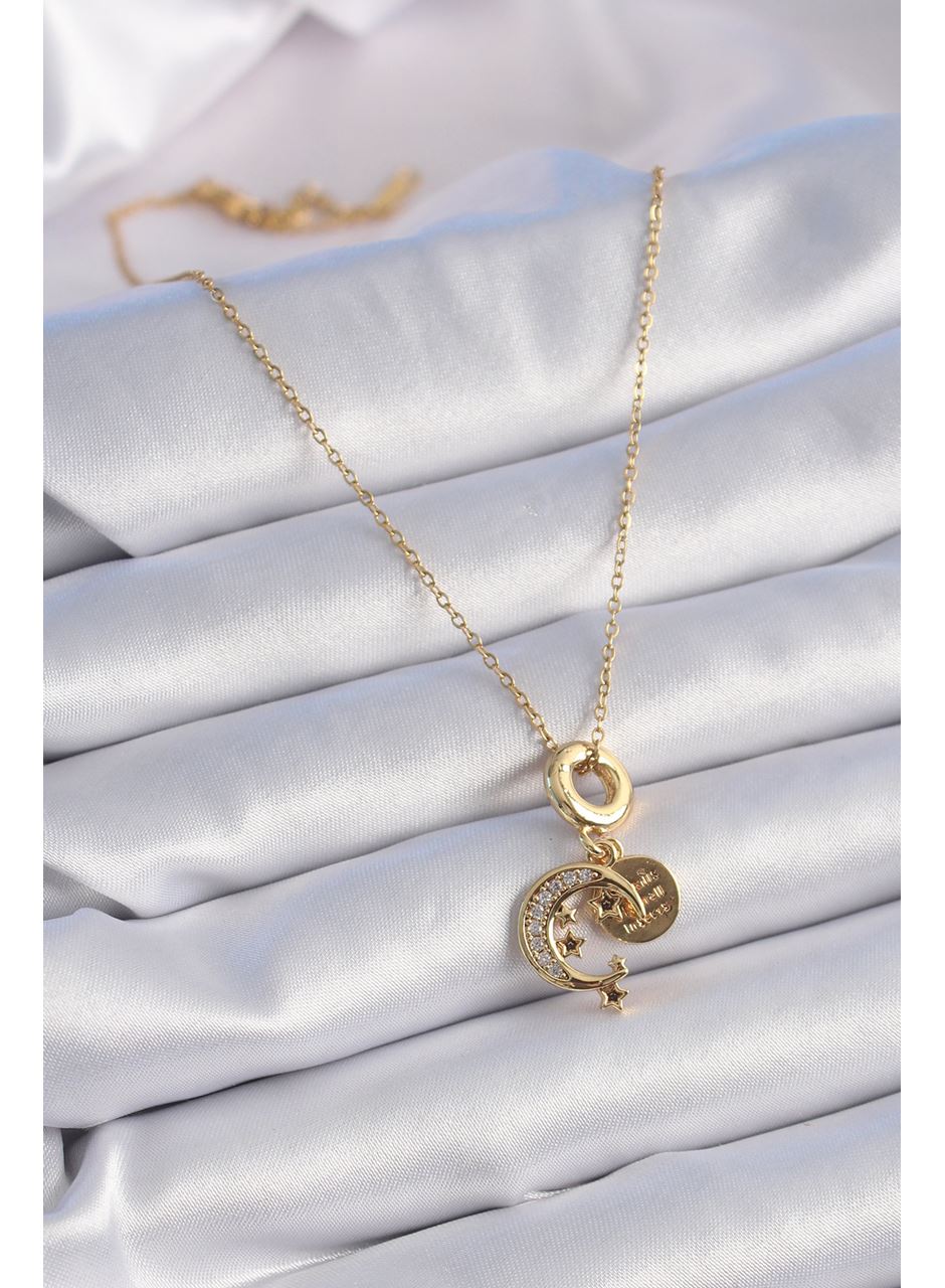316L Çelik Gold Renk Zirkon Taşlı Ay Yıldız  Model Charm Model Kadın Kolye