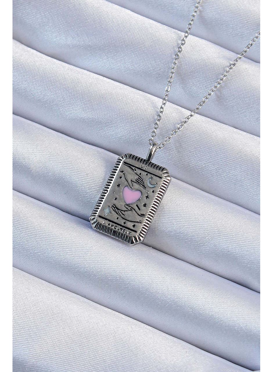 316L Çelik Zincir Eskitme Gümüş Renk Pembe Mineli Kalp Figürlü Tarot Kolye
