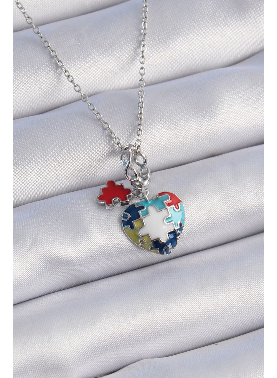 316L Çelik Gümüş Renk Yapboz Motif Kalp Figür Charm Model Kadın Kolye