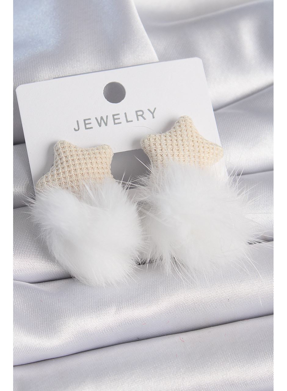 Beyaz Renk Tüylü Yıldız Ponpon Model Kadın Küpe