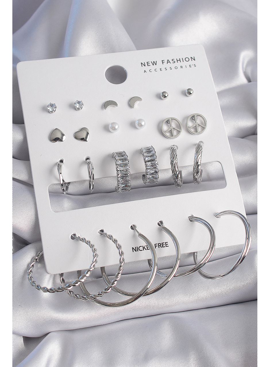 Pirinç Gümüş Renk Zirkon Taşlı 12 Çift Kadın Küpe Seti