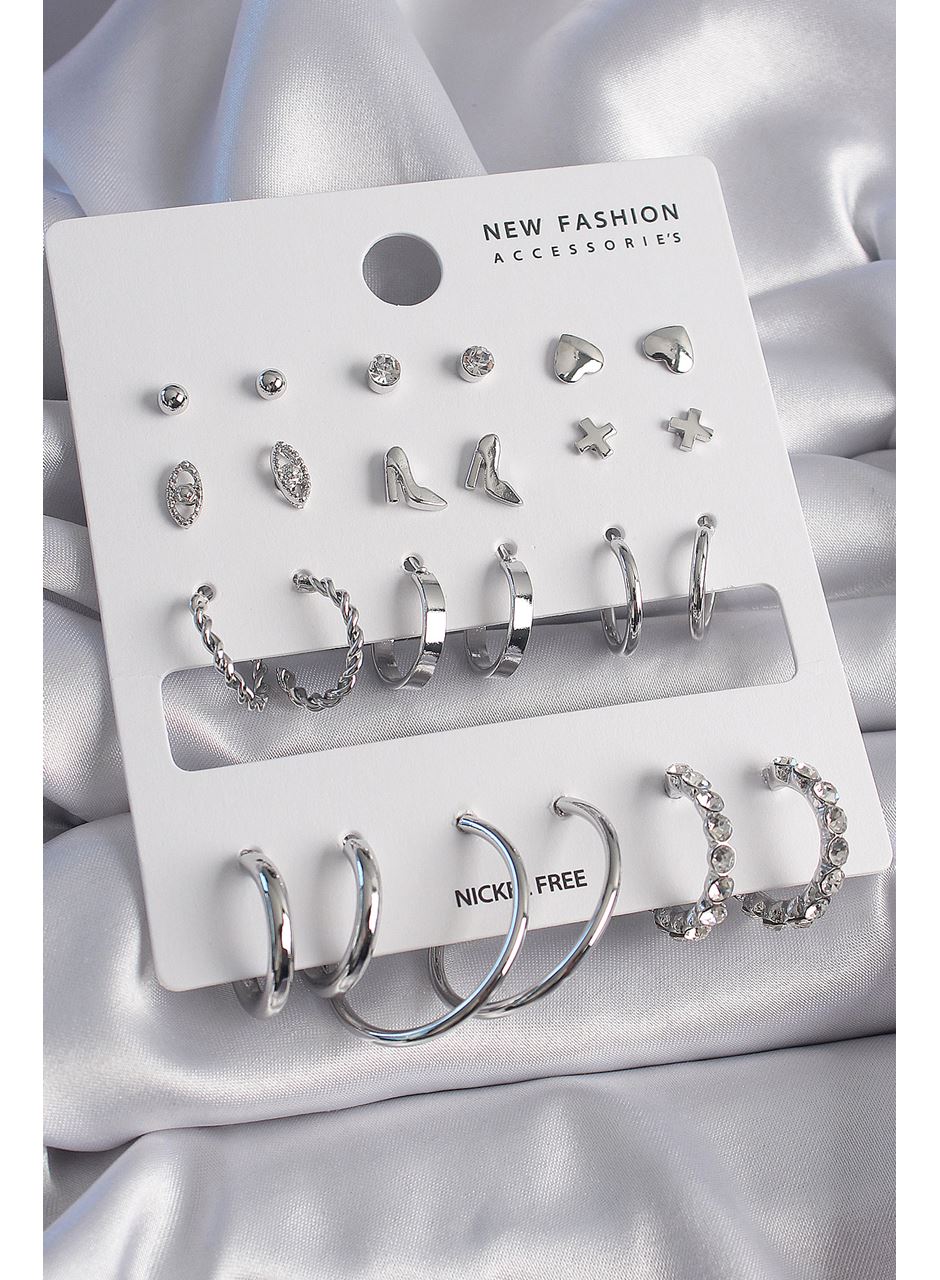 Pirinç Gümüş Renk 12 Çift Kadın Küpe Seti