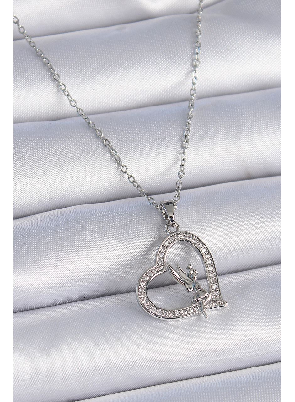 316L Çelik Zincir Gümüş Renk Zirkon Taşlı Kalp Model Melek Detay Kadın Kolye