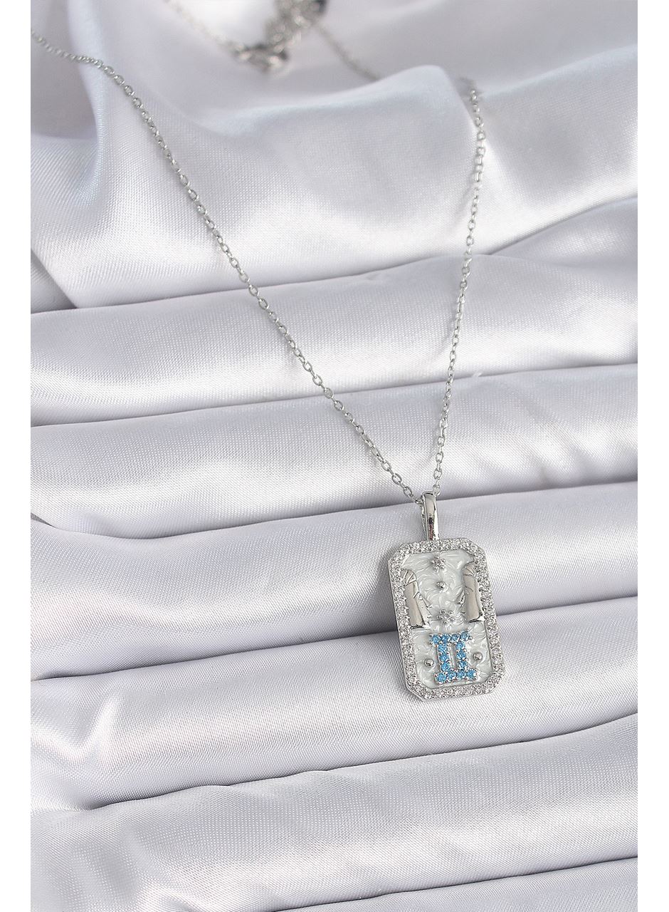 316L Çelik Gümüş Renk Zincir İkizler Burcu Zirkon Taşlı Kadın Kolye