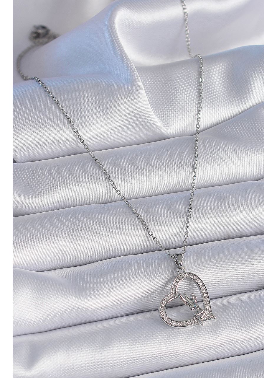 316L Çelik Zincir Gümüş Renk Zirkon Taşlı Kalp Model Melek Detay Kadın Kolye