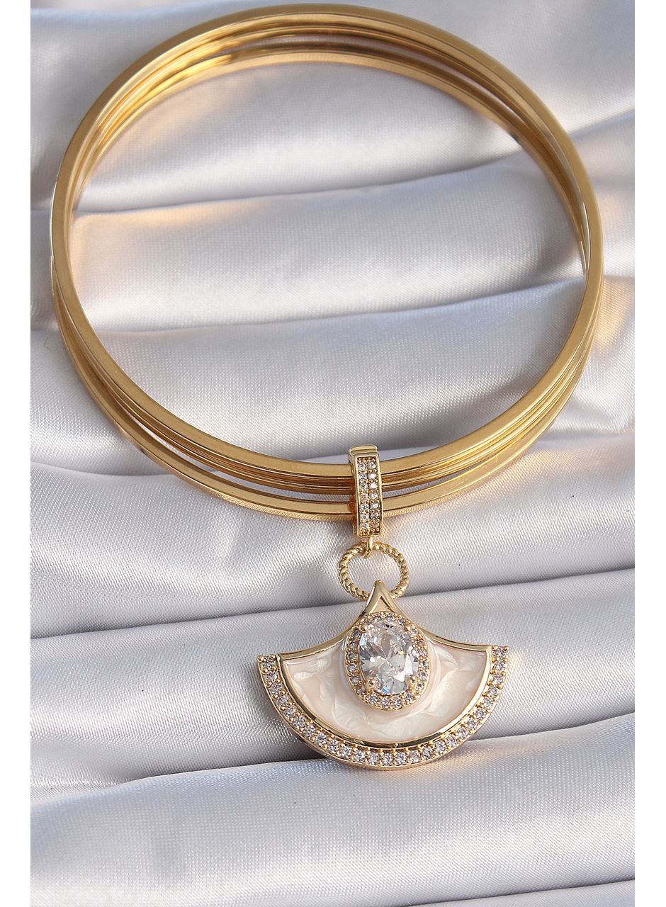 Pirinç Gold Renk Zirkon Taş Detaylı Beyaz Mineli Ajda Charm