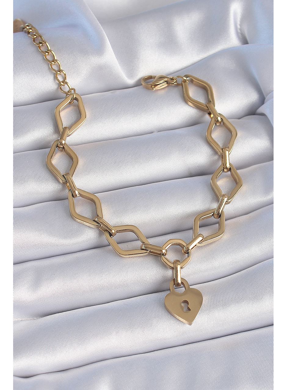 316L Çelik Gold Renk Zincir Model Kilit Kalp Figür Kadın Bileklik