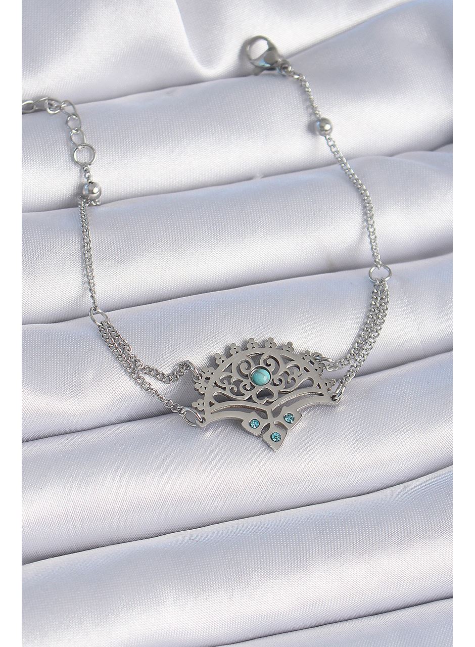 316L Çelik Gümüş Renk Mavi Taşlı Etnik Desen Kadın Bileklik