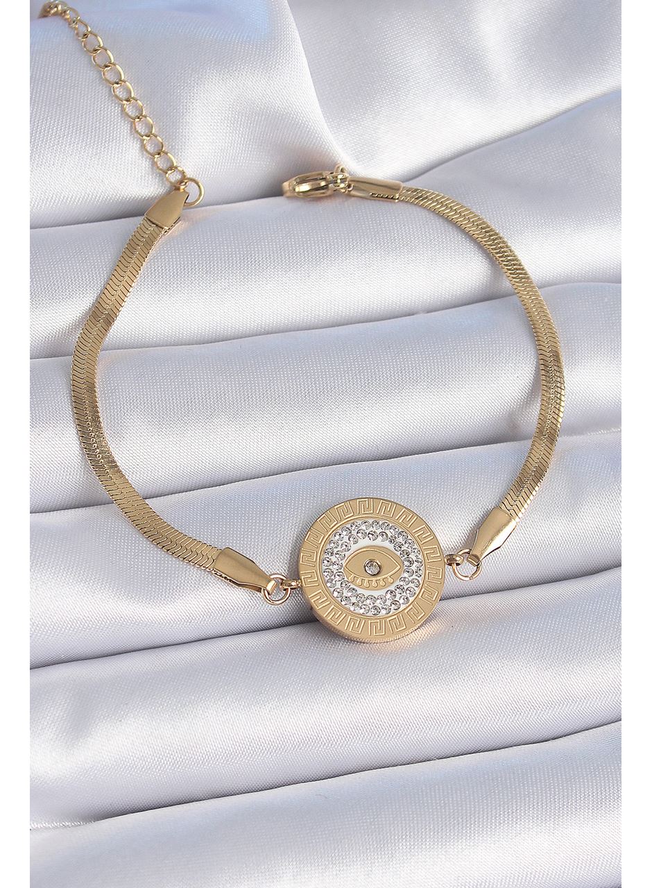316L Çelik Gold Renk İtalyan Zincir Zirkon Taşlı Göz İşlemeli Madalyon Model Kadın Bileklik