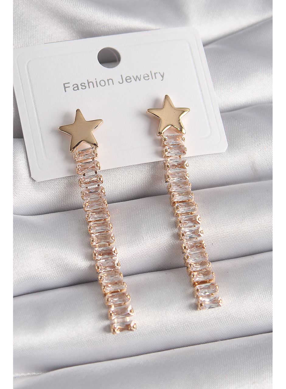 Pirinç Gold Renk Yıldız Model Su Yolu Zirkon Taşlı Kadın Küpe