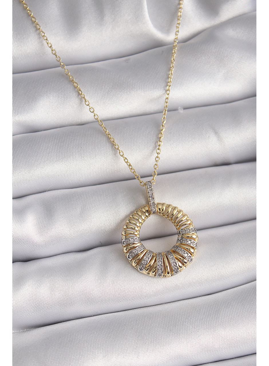 316L Çelik Gold Renk Zincir Gümüş Zirkon Taşlı Daire Model Kadın Kolye