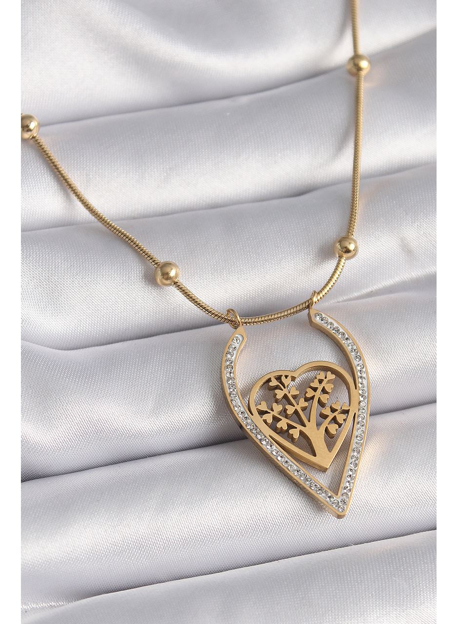 316L Çelik Gold Renk Zirkon Taşlı Detaylı Kalp Fidan Model Kadın Kolye