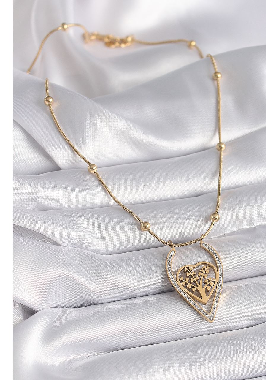 316L Çelik Gold Renk Zirkon Taşlı Detaylı Kalp Fidan Model Kadın Kolye