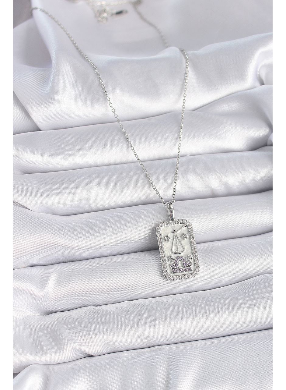 316L Çelik Gümüş Renk Terazi Burcu Zirkon Taşlı Kadın Kolye