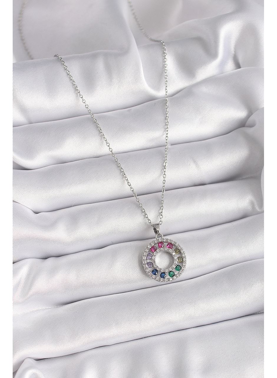 316L Çelik Gümüş Renk Zincir Renkli Zirkon Taşlı Madalyon Model Kadın Kolye