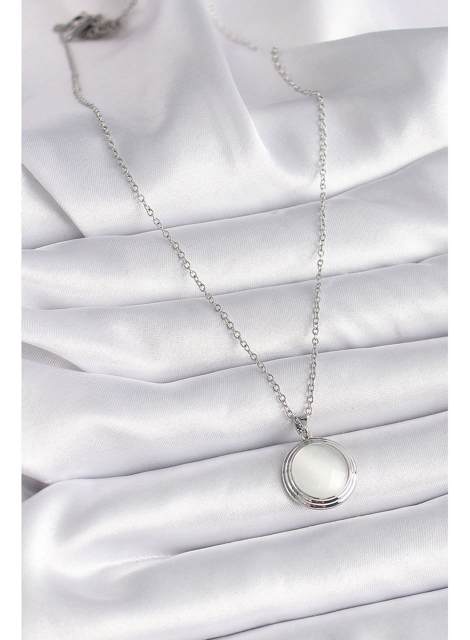 316L Çelik Gümüş Renk Beyaz Sedefli Daire Model Kadın Kolye