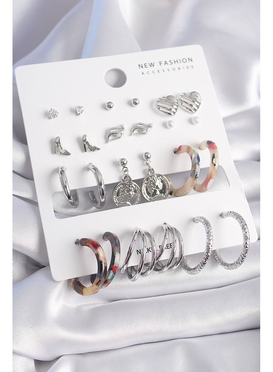 Pirinç Gümüş Renk Zirkon Taş Detaylı 12 Çift Kadın Küpe