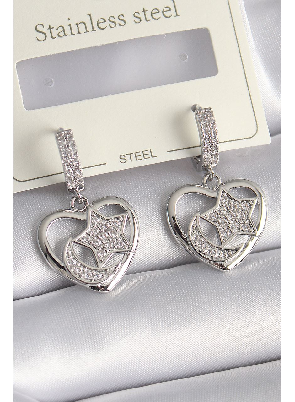 Pirinç Gümüş Renk Kalp Model Zirkon Taşlı Ay Yıldız İşlemeli Kadın Küpe