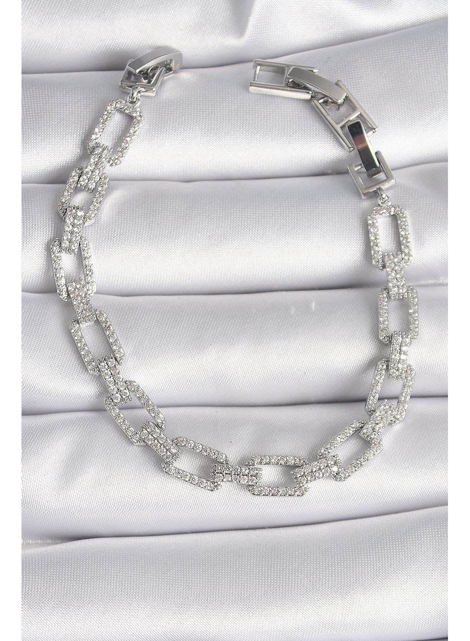 Pirinç Gümüş Renk Zirkon Taşlı Zincir Model VIP Seri Kadın Bileklik