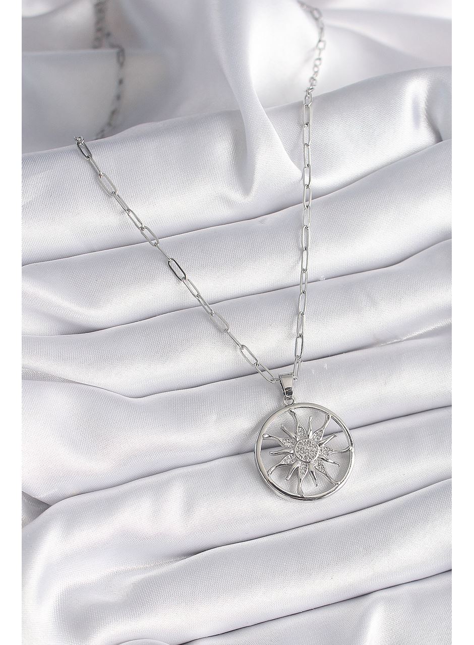 316L Çelik Gümüş Renk Zirkon Taşlı Güneş Madalyon Model Kadın Kolye