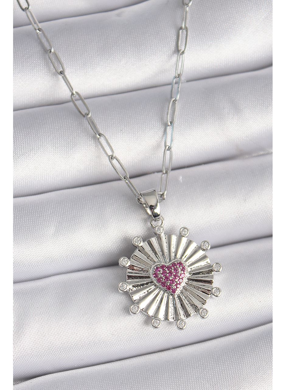 316L Çelik Gümüş Renk Pembe Zirkon Taşlı Kalp İşleme Madalyon Model Kadın Kolye