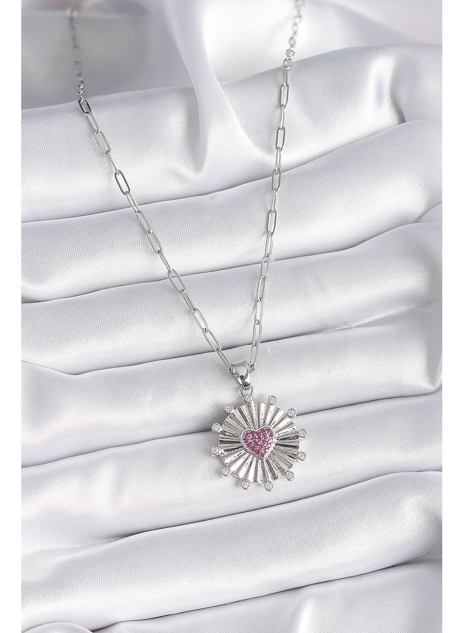 316L Çelik Gümüş Renk Pembe Zirkon Taşlı Kalp İşleme Madalyon Model Kadın Kolye