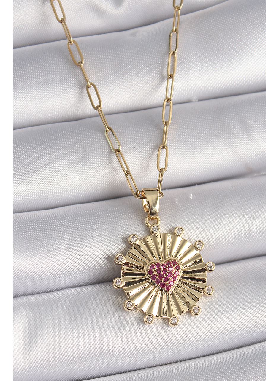 316L Çelik Gold Renk Pembe Zirkon Taşlı Kalp İşleme Madalyon Model Kadın Kolye