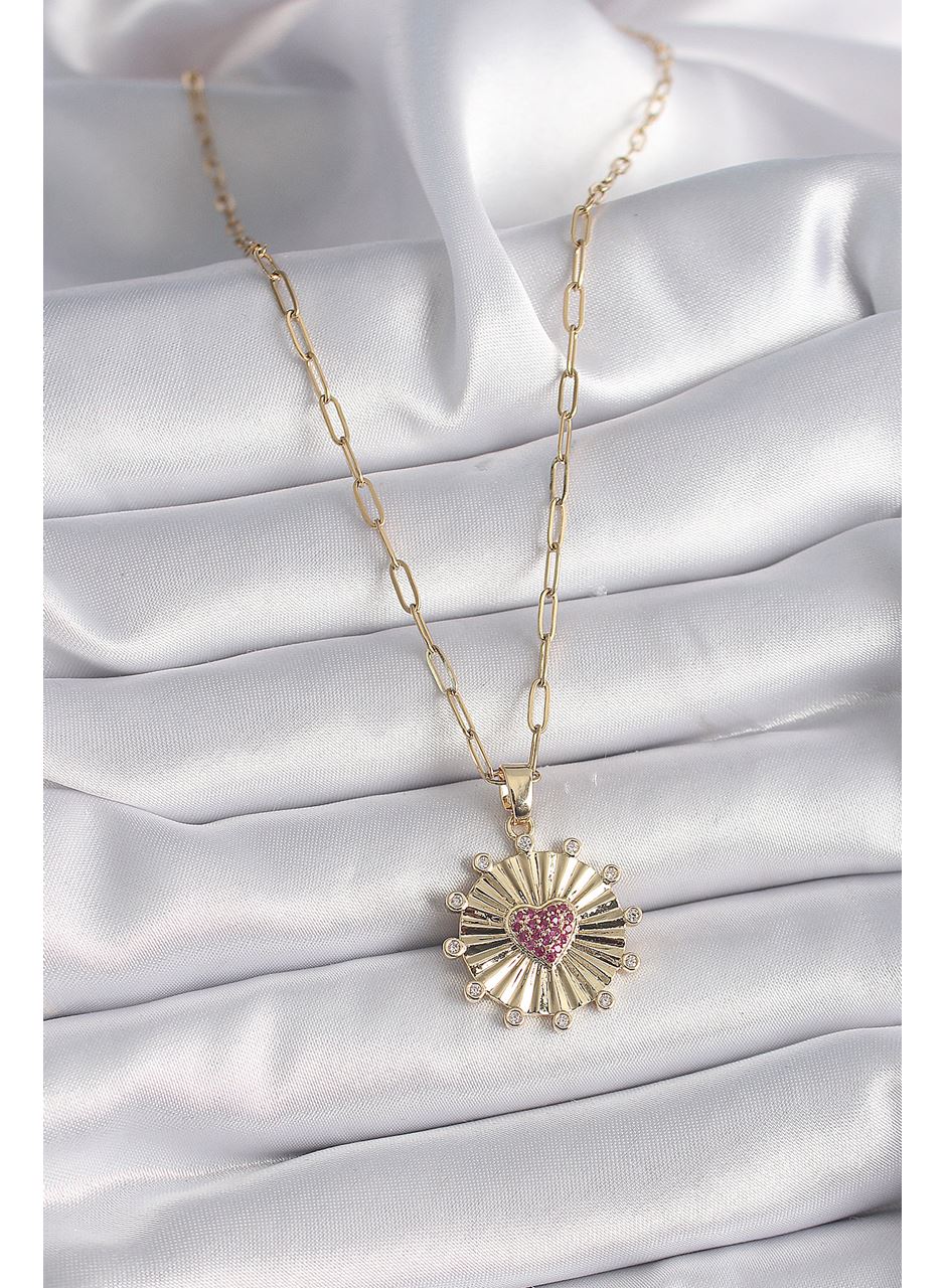 316L Çelik Gold Renk Pembe Zirkon Taşlı Kalp İşleme Madalyon Model Kadın Kolye