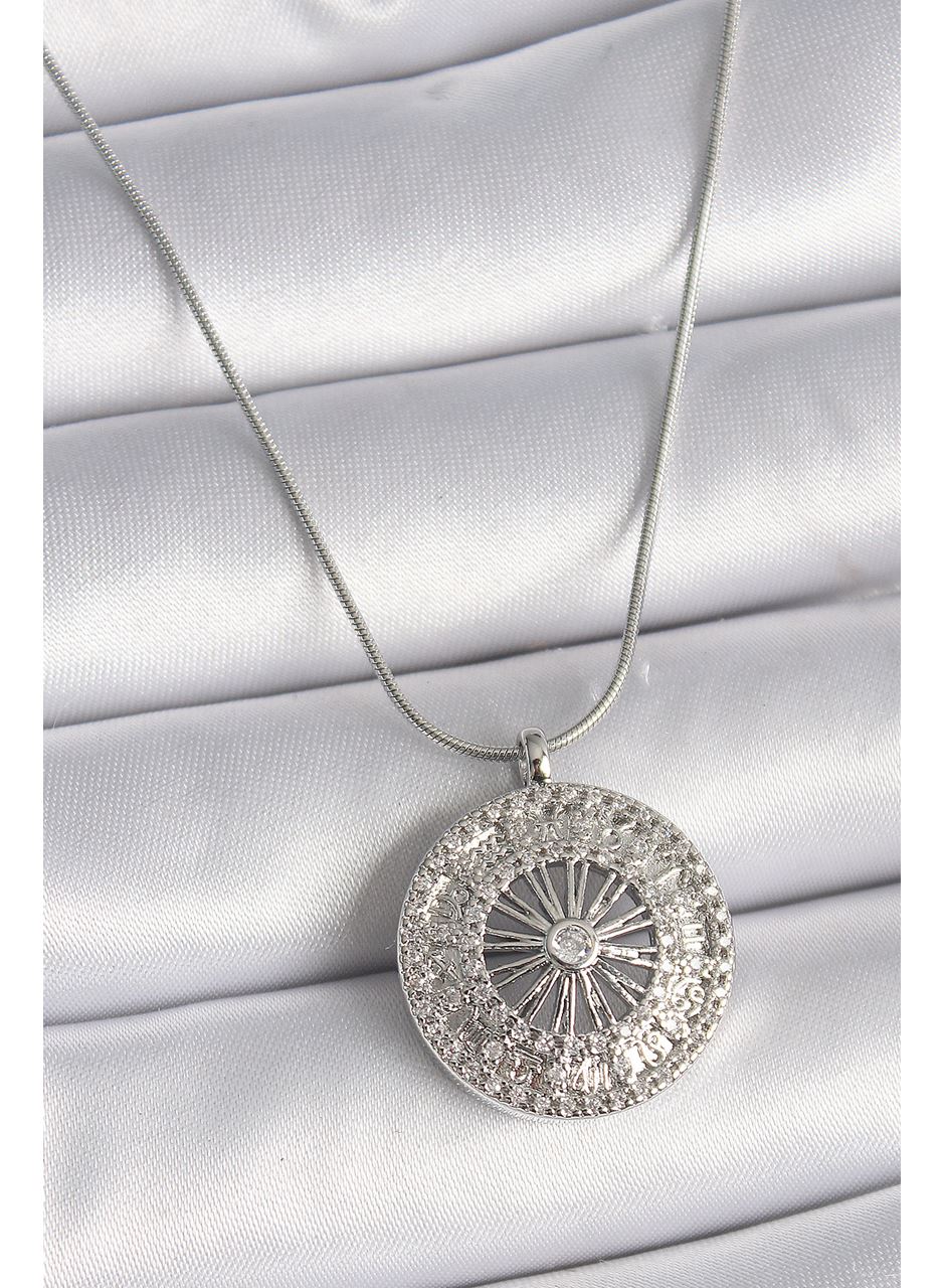 316L Çelik Gümüş Renk Zirkon Taşlı 12 Burç Madalyon Model Kadın Kolye