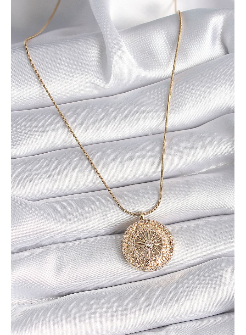 316L Çelik Gold Renk Zirkon Taşlı 12 Burç Madalyon Model Kadın Kolye
