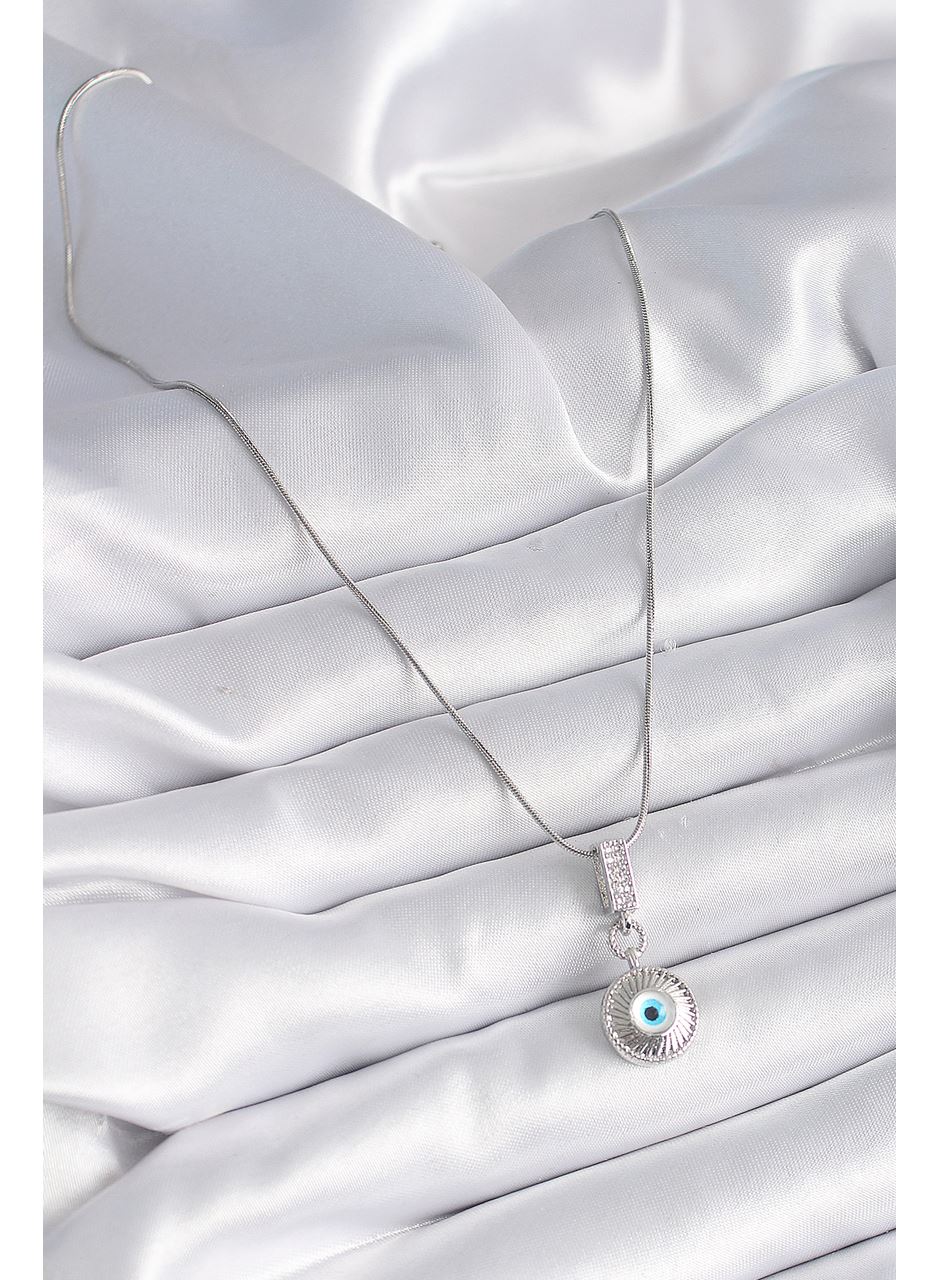 316L Çelik Gümüş Renk Zirkon Taşlı Nazar Boncuk Model Kadın Kolye