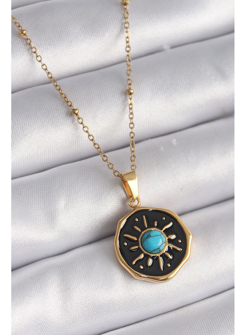 316L Çelik Gold Renk Mavi Boncuk Güneş İşleme Madalyon Model Kadın Kolye