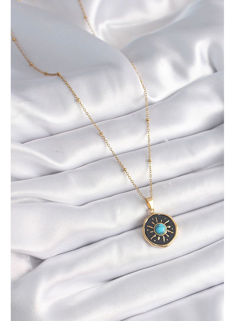 316L Çelik Gold Renk Mavi Boncuk Güneş İşleme Madalyon Model Kadın Kolye