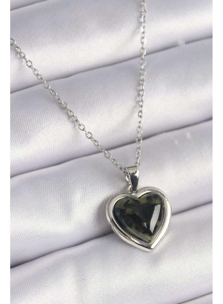316L Çelik Gümüş Renk Yeşil Mineli Kalp Model Kadın Kolye