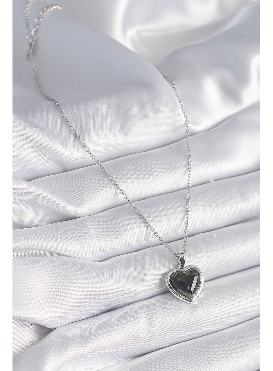 316L Çelik Gümüş Renk Yeşil Mineli Kalp Model Kadın Kolye