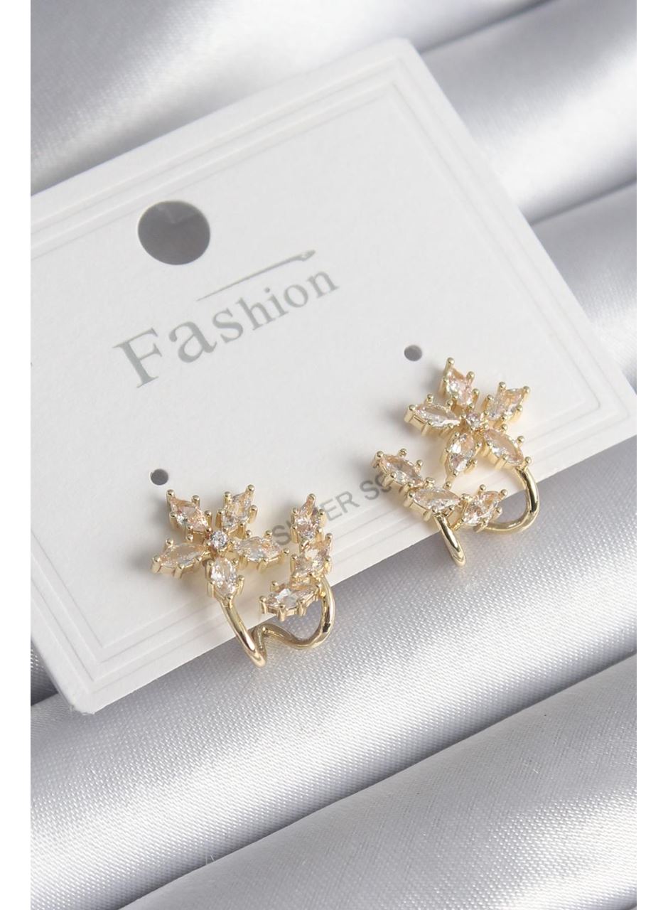 Pirinç Gold Renk Zirkon Taşlı Çiçek Model Kadın Küpe