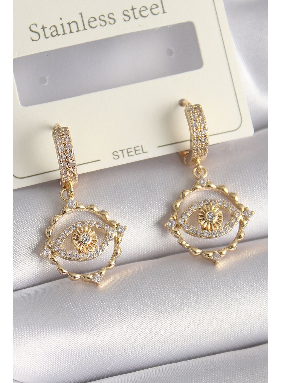 Pirinç Gold Renk Zirkon Taşlı Göz Model Kadın Küpe