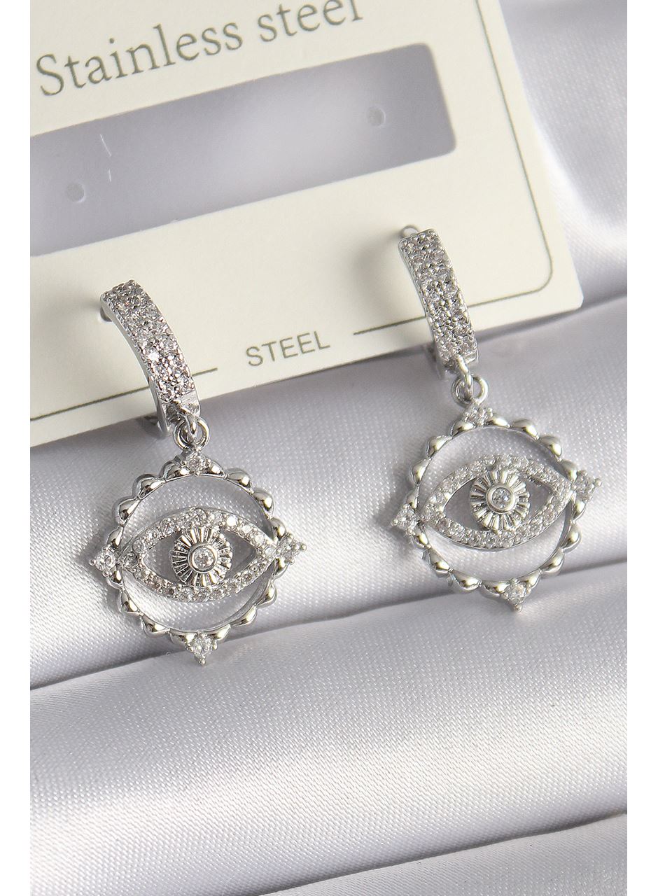 Pirinç Gümüş Renk Zirkon Taşlı Göz Model Kadın Küpe