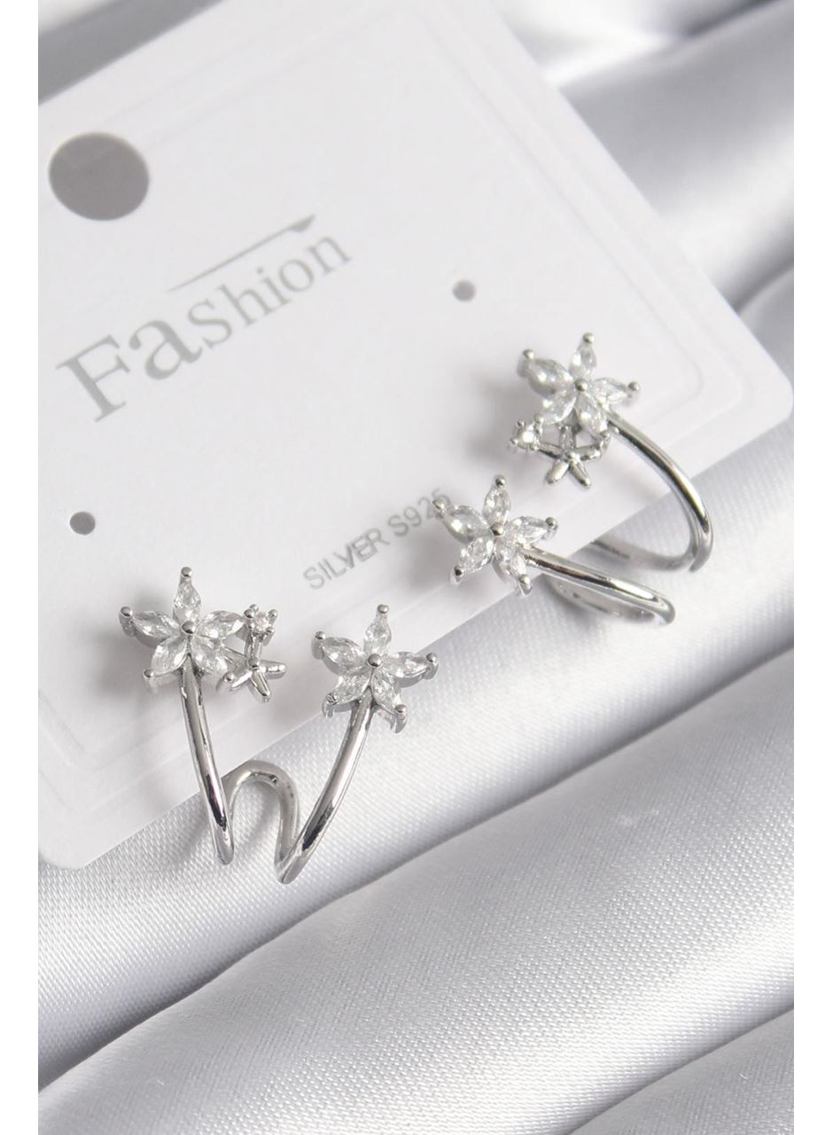 Pirinç Gümüş Renk Zirkon Taşlı Çiçek Model Kadın Küpe